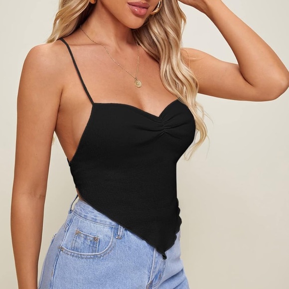 Criss Cross Backless Strappy Asymmetrical Hem Crop Cami Top - Picture 3 of 6